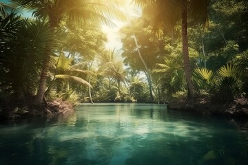 beautiful jungle beach lagoon view palm trees