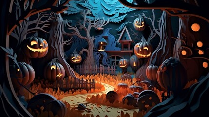 Halloween Night, paper cut banner art, paper cut illustration, enchanted forest, vines and magical fairy’s, warm colors - Generative AI 