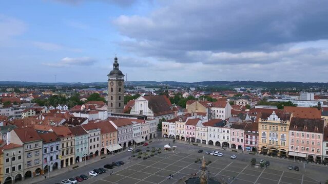 Czech Budweis square town hall bell tower. Stunning aerial top view flight drone