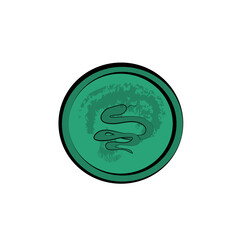 Green coin icon with king cobra snake. Vector illustration. Slytherin aesthetic. Game element.