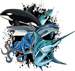 Cartoon sea animals. Cute ocean fish, octopus, shark and killer whale