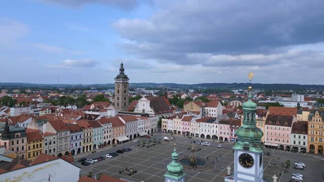 Budweis Budejovice old town square in Czech. Smooth aerial top view flight drone