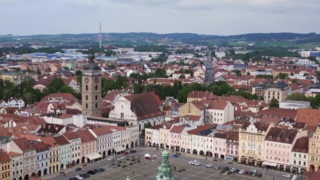 Budweis square town hall with bell tower. Majestic aerial top view flight drone