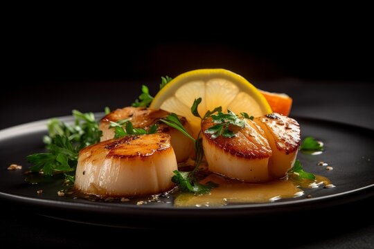 plate of cooked bay scallops, pan-seared to a golden brown, accompanied by a side of lemon and a parsley garnish