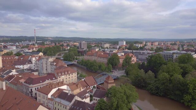 Czech Budweis courthouse on the river. Wonderful aerial top view flight drone