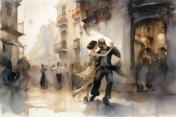 Couple dancing tango on city street, watercolor, Generative AI 1