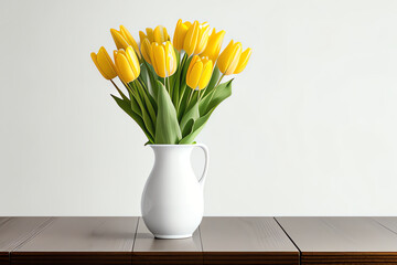 Vase with yellow tulips on wooden table from Generative AI