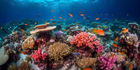 Fototapeta na wymiar Magical underwater world, jellyfish, algae all in pink colors, biodiversity. Generative AI