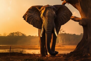 Fototapeta na wymiar Elephant with trunk up at sunset in Sri Lanka. Generative AI