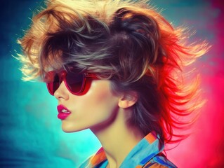 Fototapeta premium portrait of an 80s woman with big hair and glasses, generative ai
