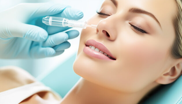 Happy woman getting hyaluronic filler injection applied to her lips in aesthetic and dermatology clinic. Generative IA. 