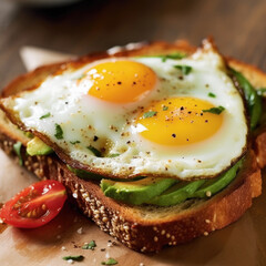 Avocado Sandwich with Fried Egg - sliced avocado and egg on toasted bread with arugula for healthy breakfast or snack.