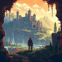 Medieval knight in a valley landscape and looking at a ruined castle, rpg, ruin, adventure, fantasy, pixel art. generative AI	
