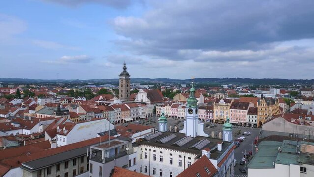Czech Budweis square town hall, bell tower. Amazing aerial top view flight drone