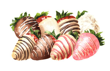 Sweet   strawberries in glaze dipped in white and milk chocolate. Hand drawn watercolor illustration,  isolated on white background