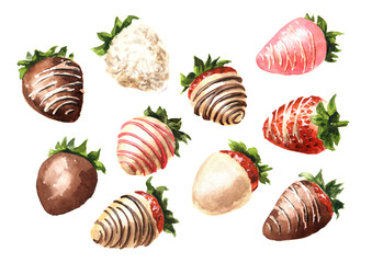Sweet strawberries in glaze dipped in white and milk chocolate set. Hand drawn watercolor illustration isolated on white background