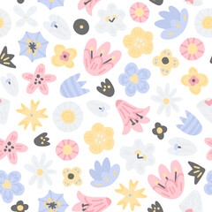 Cute floral pastel color pattern. Seamless vector texture with different flowers on white background. Texture for textile or wrapping paper