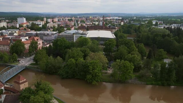 panorama Czech river city Budweis. Breathtaking aerial top view flight drone
