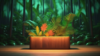 Wooden round side table with green tropical plant leaf and beautiful sun light. Generative ai