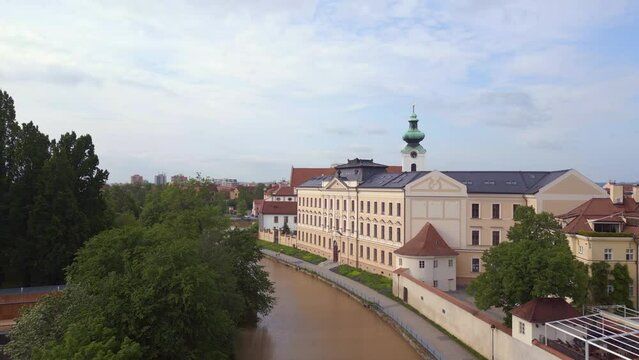 Czech Old town Budweis bridge over river. Nice aerial top view flight drone