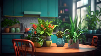 Fototapeta na wymiar Cat in a modern bright kitchen on the table, Pots with green plants. Generative ai