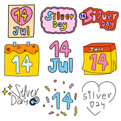 Set of the Silver day header and banner; the 14th of July. A special day which lovers or friends celebrate together in South Korea. Doodles and hand writing 14 July on the calendar.