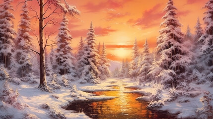 Winter river golden sunset. Generative ai
