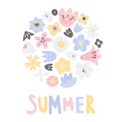 Cute floral pastel color composition. Summer vector illustration with different flowers on white background. Template for invitation or greeting card