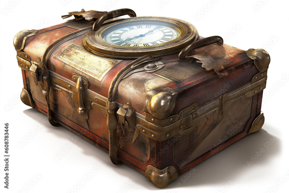 Poster travel concept. suitcase with clock isolated on white background. generated by ai.