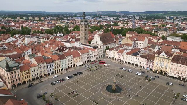 Czech Budweis square old town fountain tower. Nice aerial top view flight drone