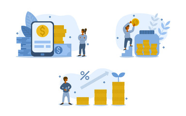 finance growth illustration set. characters invest in the stock market and wait for dividends to increase profits for their savings. passive income concept. vector illustration.