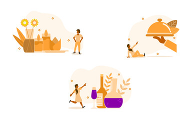 dating event illustration set. characters are having dinner at a fine restaurant that offers fine food and wine. dinner dating and lover concept. vector illustration.