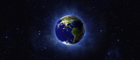 Obraz na płótnie Canvas Earth and galaxy. Panoramic view of the Earth, North and South America from space. Concept of Earth Day. Elements of this image furnished by NASA.