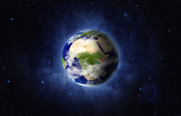 Planet Earth, view on Europe, Africa, Asia from space. View of the Earth, nebula, stars and galaxy. Elements of this image furnished by NASA.