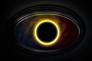 Spaceship near the spiral galaxy and black hole, view from the porthole. Travel at time, warp jump, worm hole concept. Elements of this image furnished by NASA.