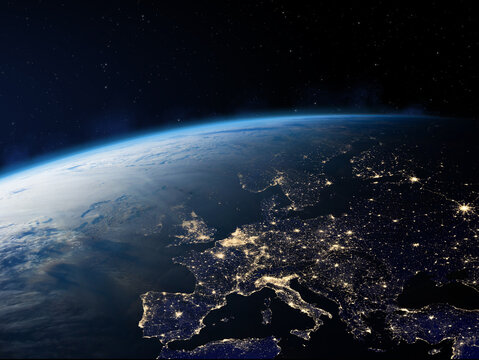 Earth - Europe  at Night. Planet Earth from the space at night. Europe at night viewed from space with city lights in Germany, France, Spain, Italy, UK. Elements of this image furnished by NASA.