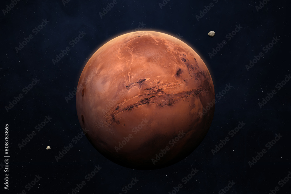 Wall mural planet mars in the starry sky of solar system. mars, phobos and deimos. elements of this image furni