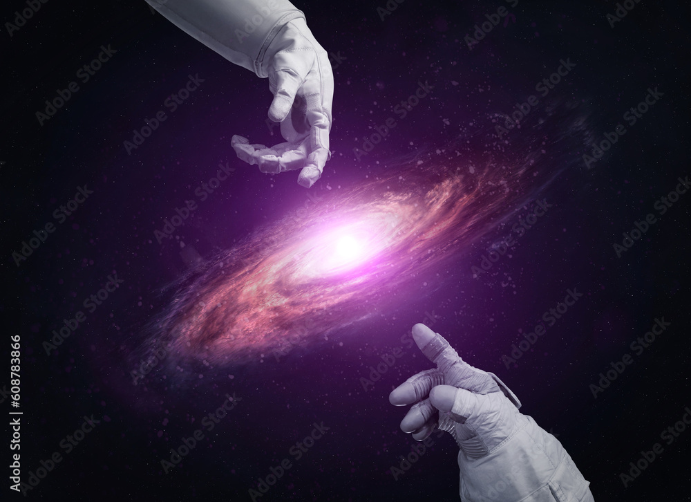 Wall mural spiral galaxy, light and hand of astronaut and robot. space energy control concept. civilization typ