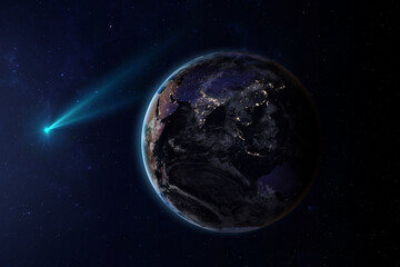 Comet flying near Earth. Comet flying through space close to the Earth planet. of this image furnished by NASA.