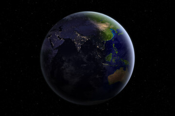 Fototapeta na wymiar Nightly Earth planet. Asia, Oceania, Australia at night. View of the beautiful planet Earth and stars. Morning or dawn on planet Earth. Elements of this image furnished by NASA.