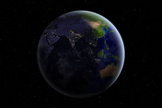 Nightly Earth planet. Asia, Oceania, Australia at night. View of the beautiful planet Earth and stars. Morning or dawn on planet Earth. Elements of this image furnished by NASA.