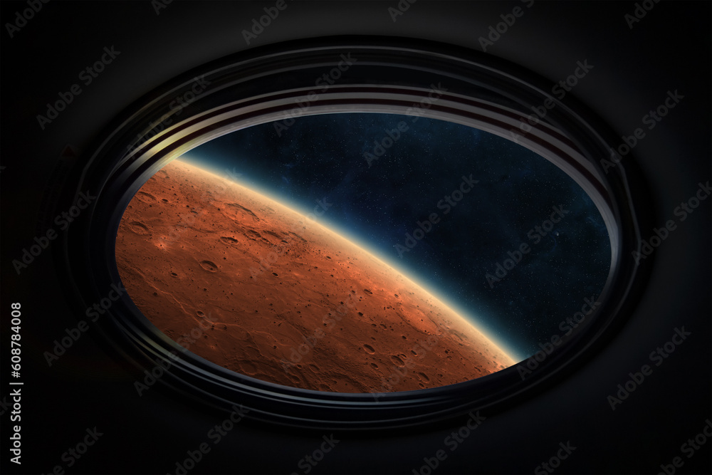 Wall mural mars planet in spaceship porthole. orbiting the planet mars. expedition and colonization of mars. el