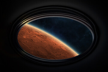 Mars planet in spaceship porthole. Orbiting the planet Mars. Expedition and colonization of Mars.  Elements of this image furnished by NASA. © revers_jr