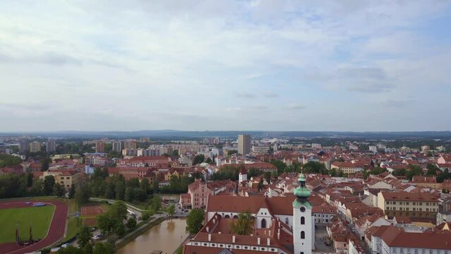 Czech Old town Budweis city Budejovice river. Great aerial top view flight drone