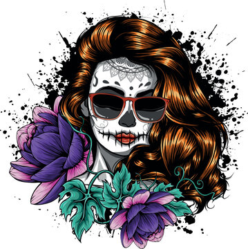 Vector illustration of skull girl with water lily flower.