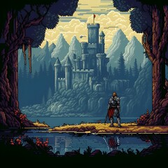 Medieval knight in a valley landscape and looking at a ruined castle, rpg, ruin, adventure, fantasy, pixel art. generative AI	
