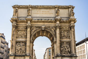 Fototapeta na wymiar Architectural fragment of Porte Royale (Triumphal arc Porte d'Aix, 1825 -1839). Marseille, France.