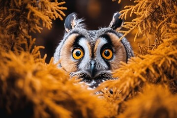 Naklejka premium Long-eared Owl with big orange eyes behind the branches. Generative AI