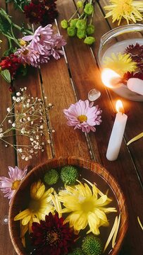 still life with flowers, lighting a candle, fire, flame, table setting, flower, spa, beauty, flowers, nature, aromatherapy, blossom, natural, plant, pink, wood, health, petal, bouquet, bowl, aroma, tr