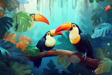 Two beautiful colorful toucan birds. Generative AI.